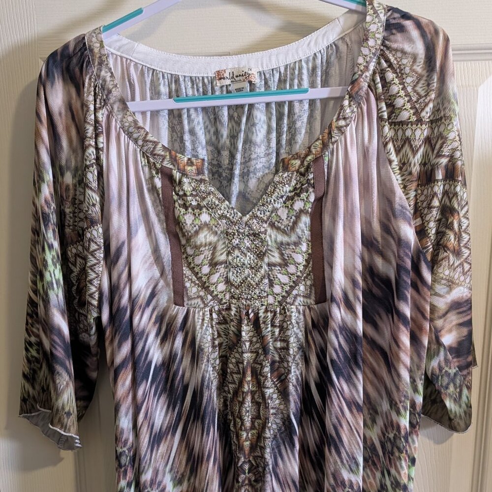 World Unity Womens Size 2X 3/4 Sleeve Embellished Knit Blouse